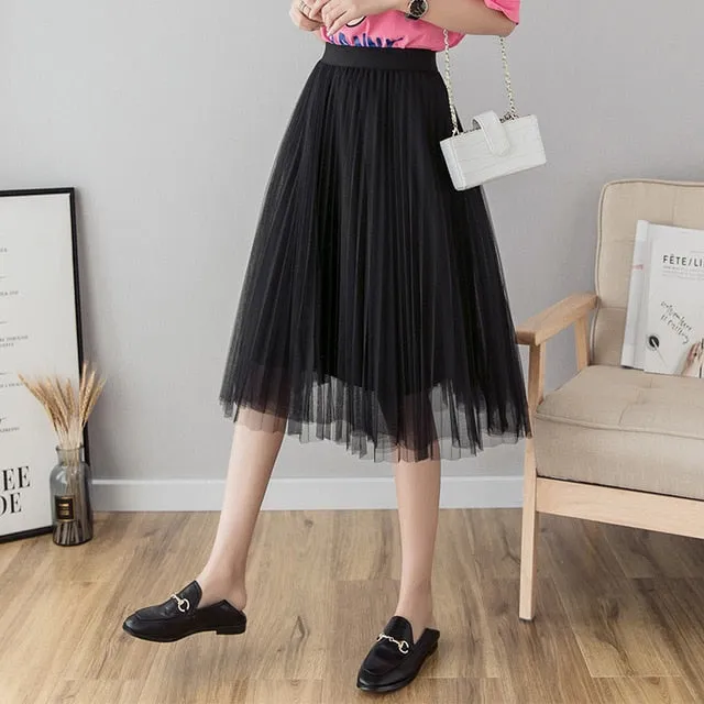Midi Pleated Skirt Black Pink Tulle