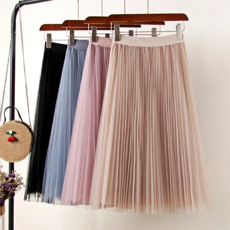 Midi Pleated Skirt Black Pink Tulle