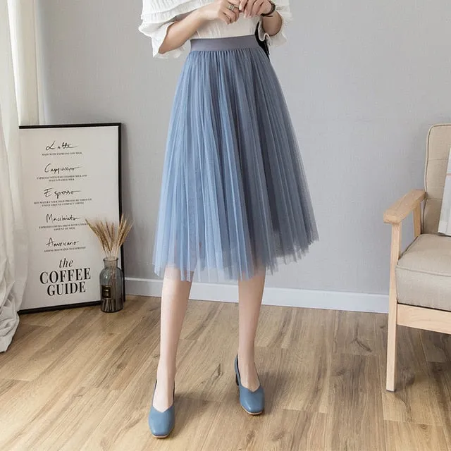 Midi Pleated Skirt Black Pink Tulle