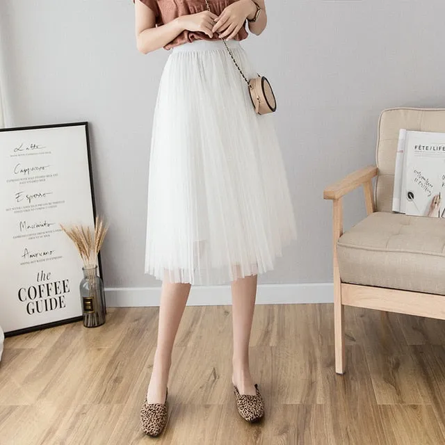 Midi Pleated Skirt Black Pink Tulle