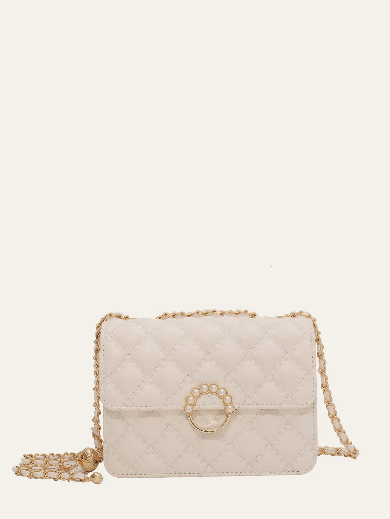 Mini Faux Pearl Decor Chain Shoulder Bag - Beige