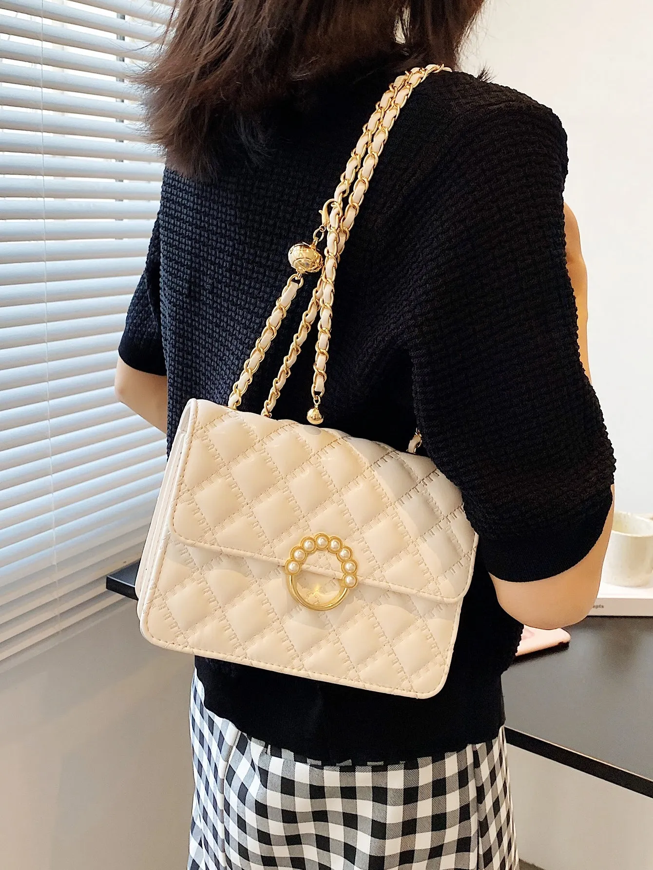 Mini Faux Pearl Decor Chain Shoulder Bag - Beige