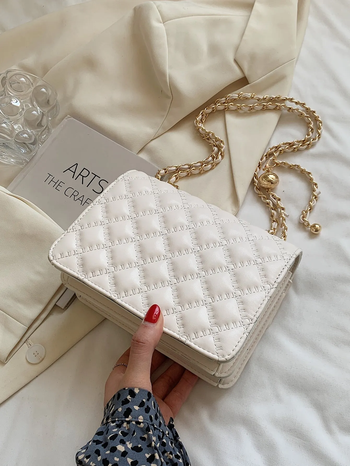 Mini Faux Pearl Decor Chain Shoulder Bag - Beige