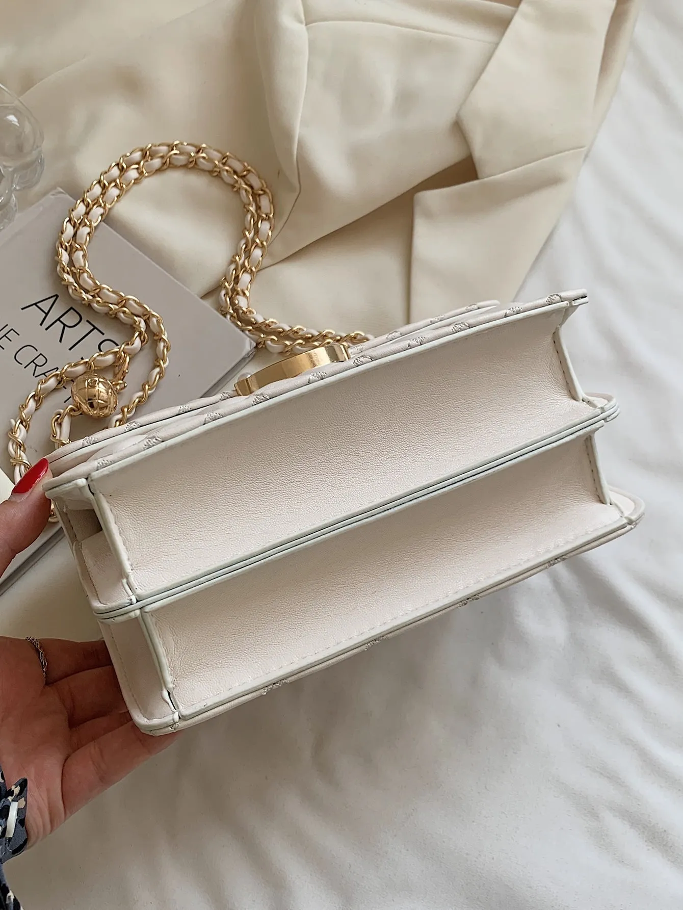 Mini Faux Pearl Decor Chain Shoulder Bag - Beige