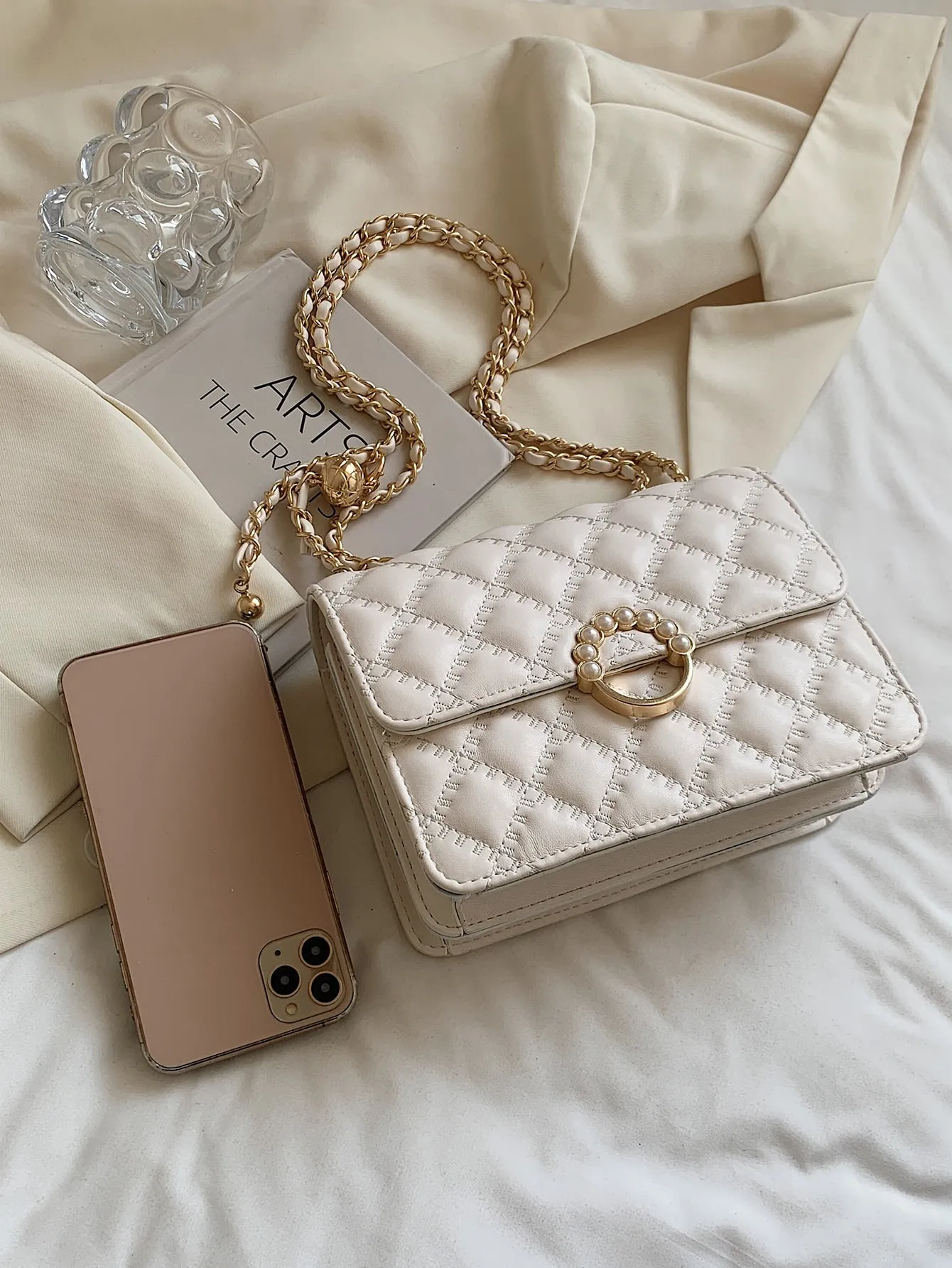 Mini Faux Pearl Decor Chain Shoulder Bag - Beige