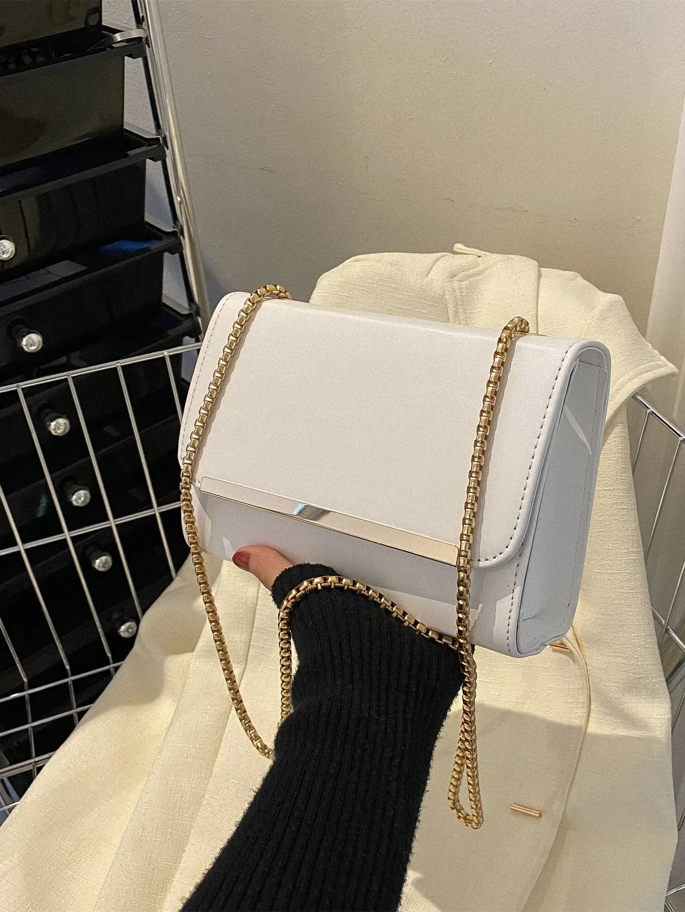 Mini Metal Decor Flap Chain Square Bag - White