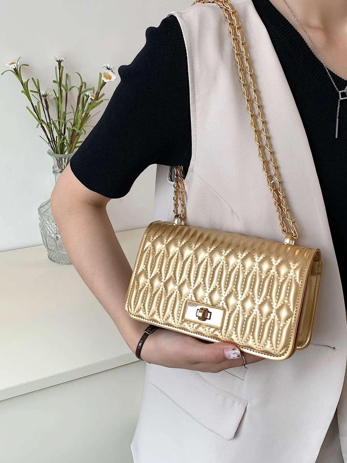 Mini Metallic Quilted Twist Lock Flap Chain Square Bag - Gold