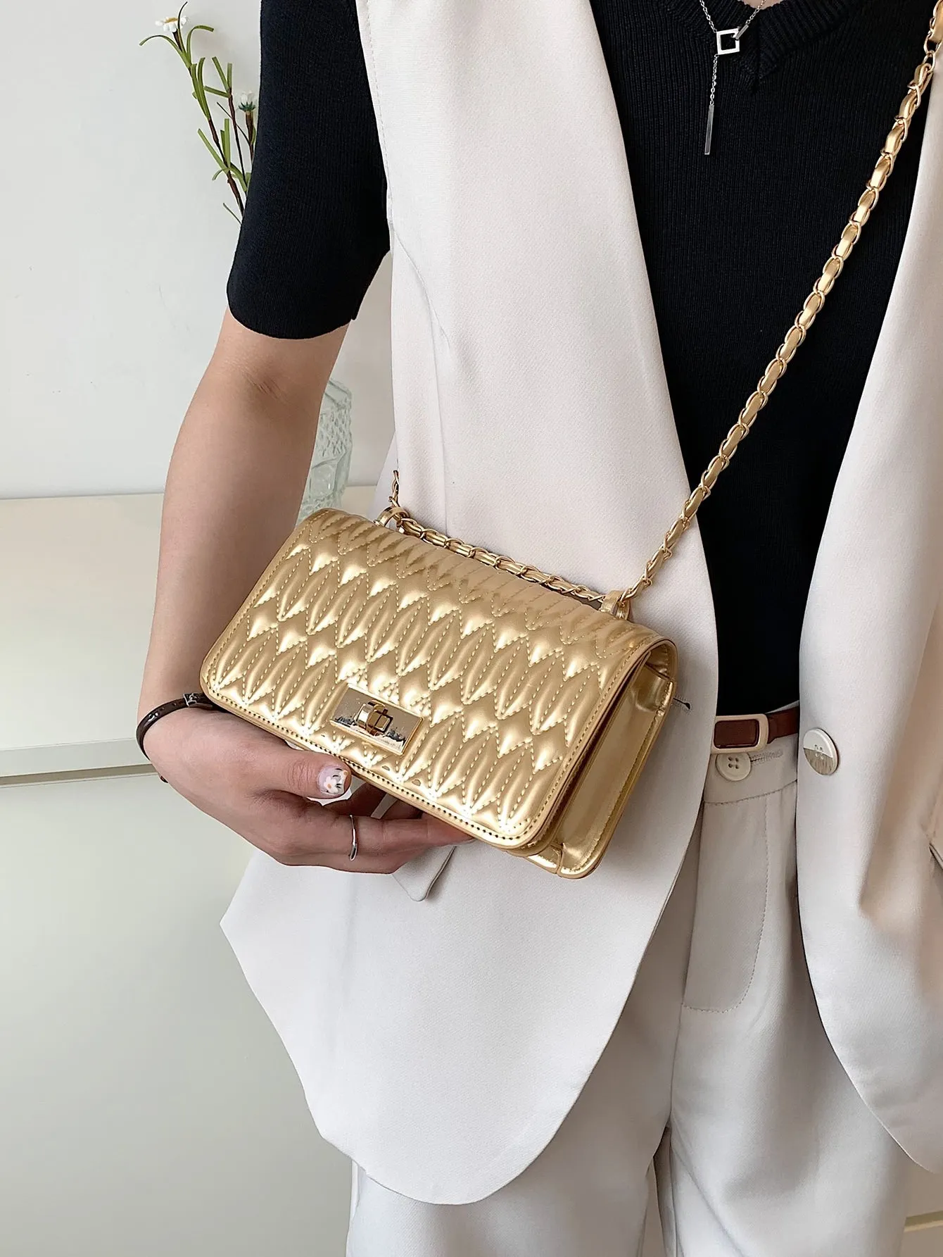 Mini Metallic Quilted Twist Lock Flap Chain Square Bag - Gold