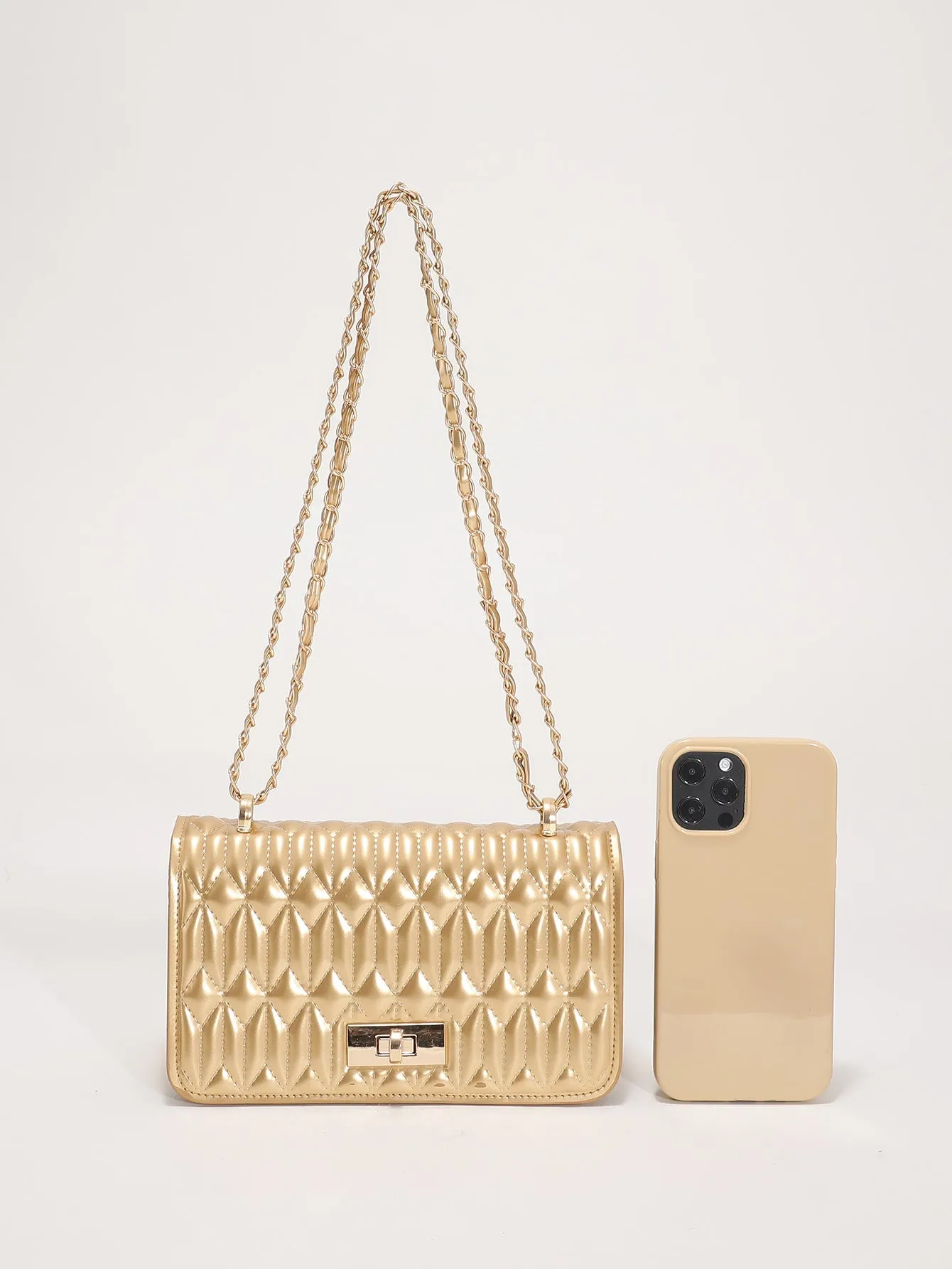 Mini Metallic Quilted Twist Lock Flap Chain Square Bag - Gold