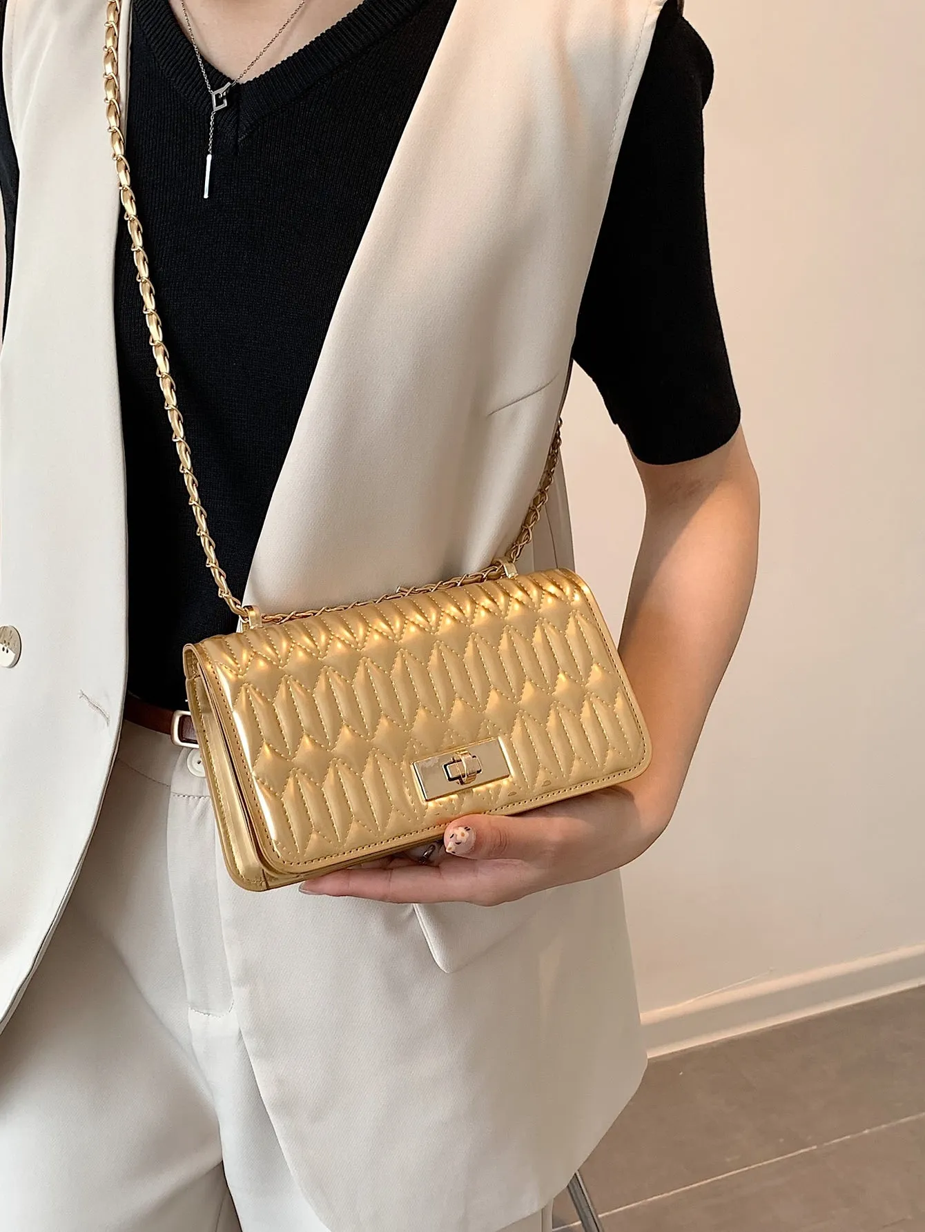 Mini Metallic Quilted Twist Lock Flap Chain Square Bag - Gold