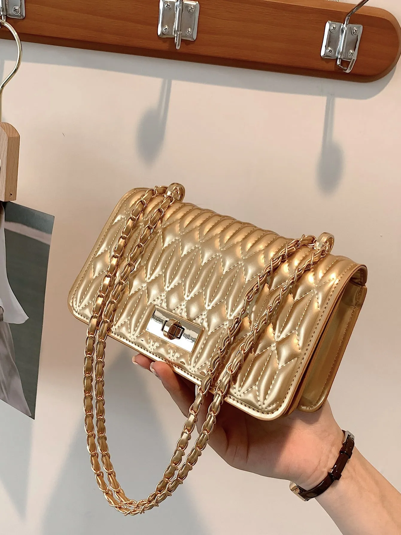 Mini Metallic Quilted Twist Lock Flap Chain Square Bag - Gold