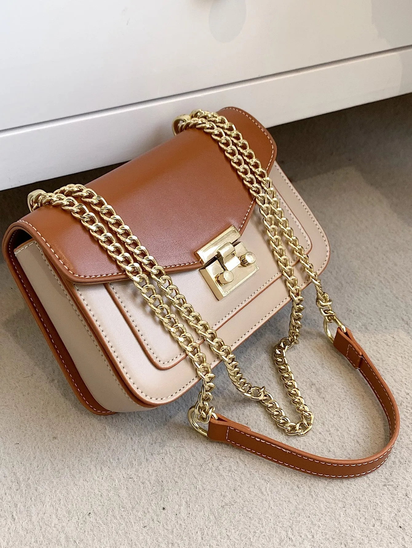 Mini Push Lock Chain Decor Flap Square Bag - Brown