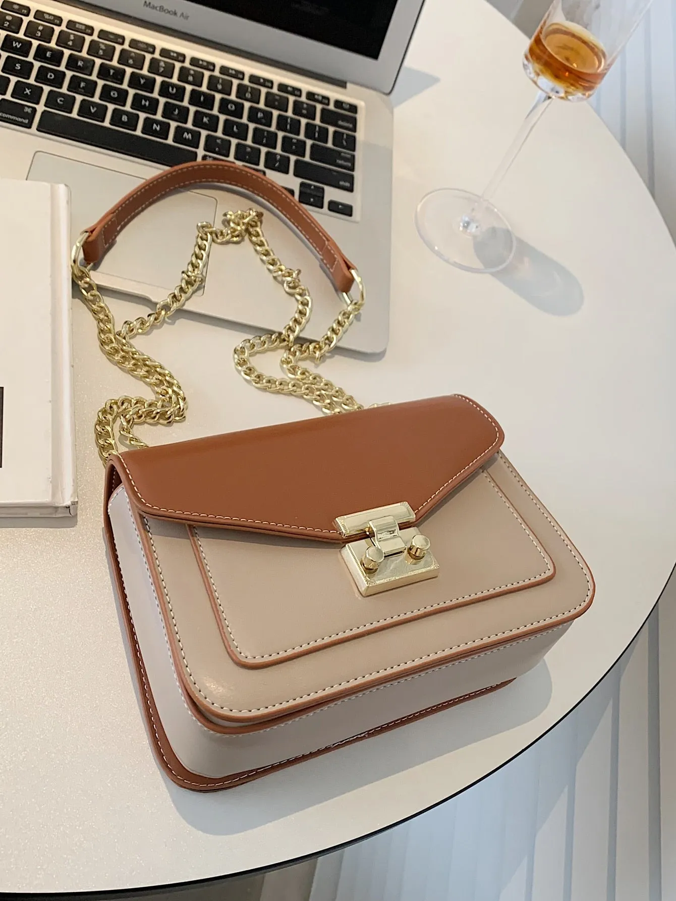 Mini Push Lock Chain Decor Flap Square Bag - Brown