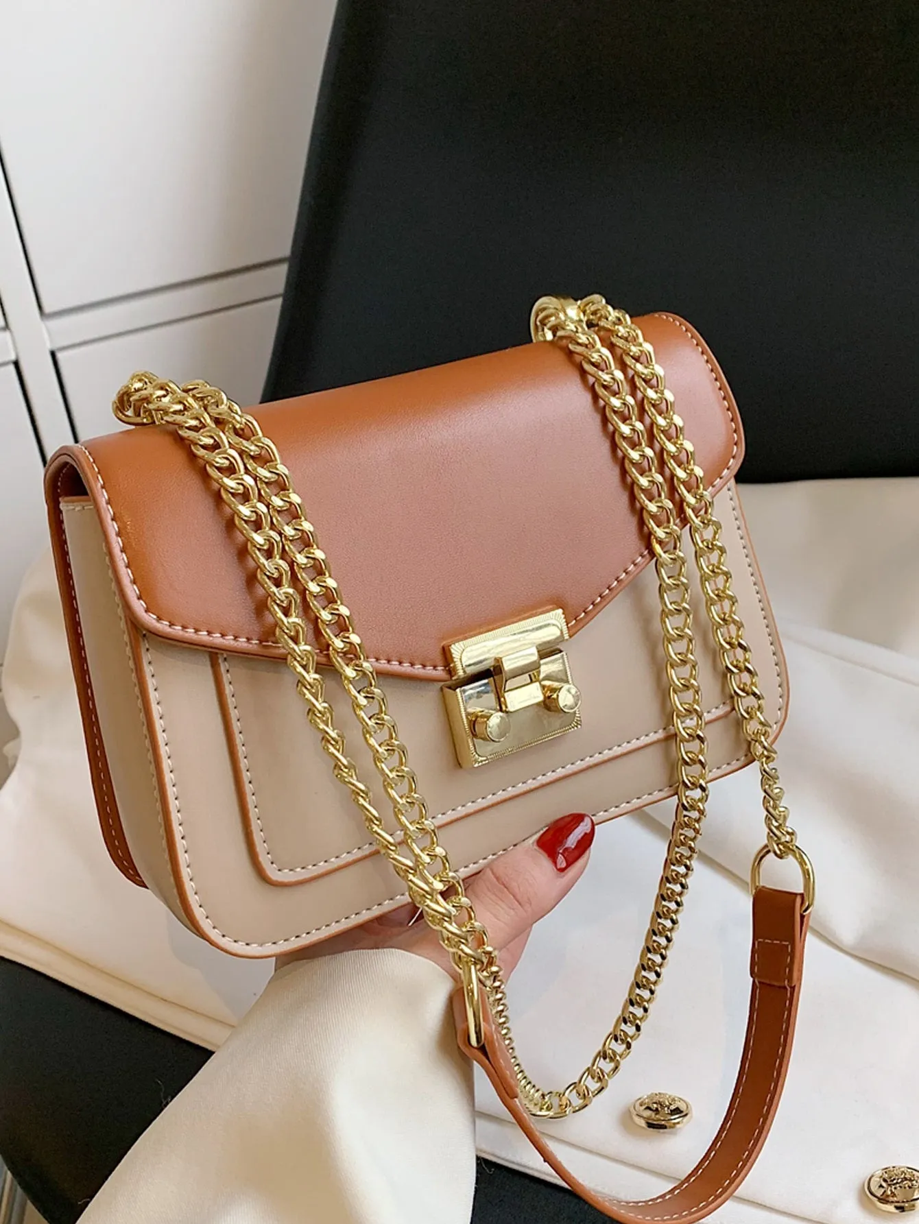 Mini Push Lock Chain Decor Flap Square Bag - Brown