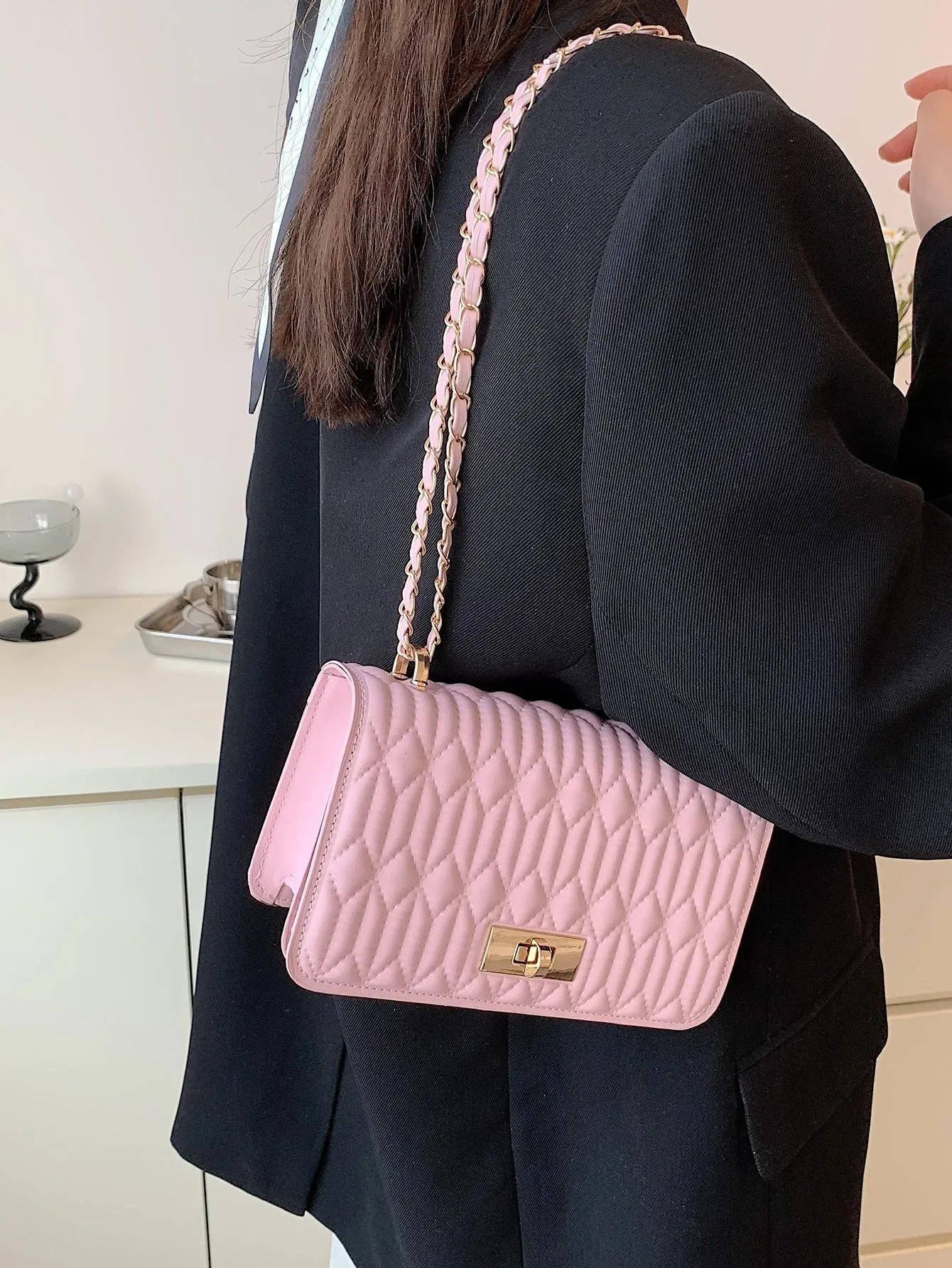 Mini Quilted Twist Lock Flap Square Bag - Pink- FD ⚡