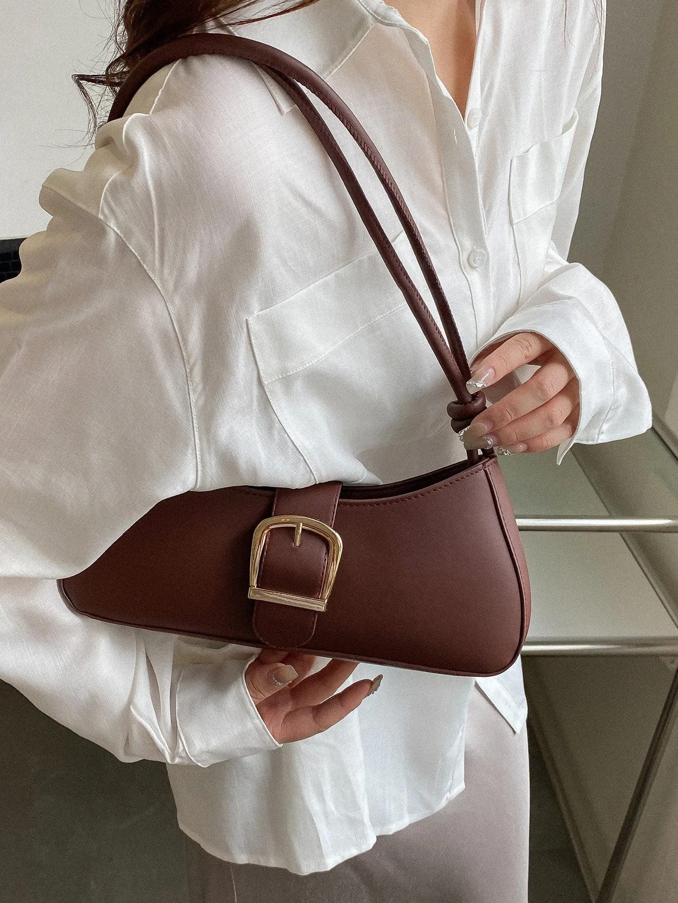 Minimalist Buckle Decor Baguette Bag - Brown
