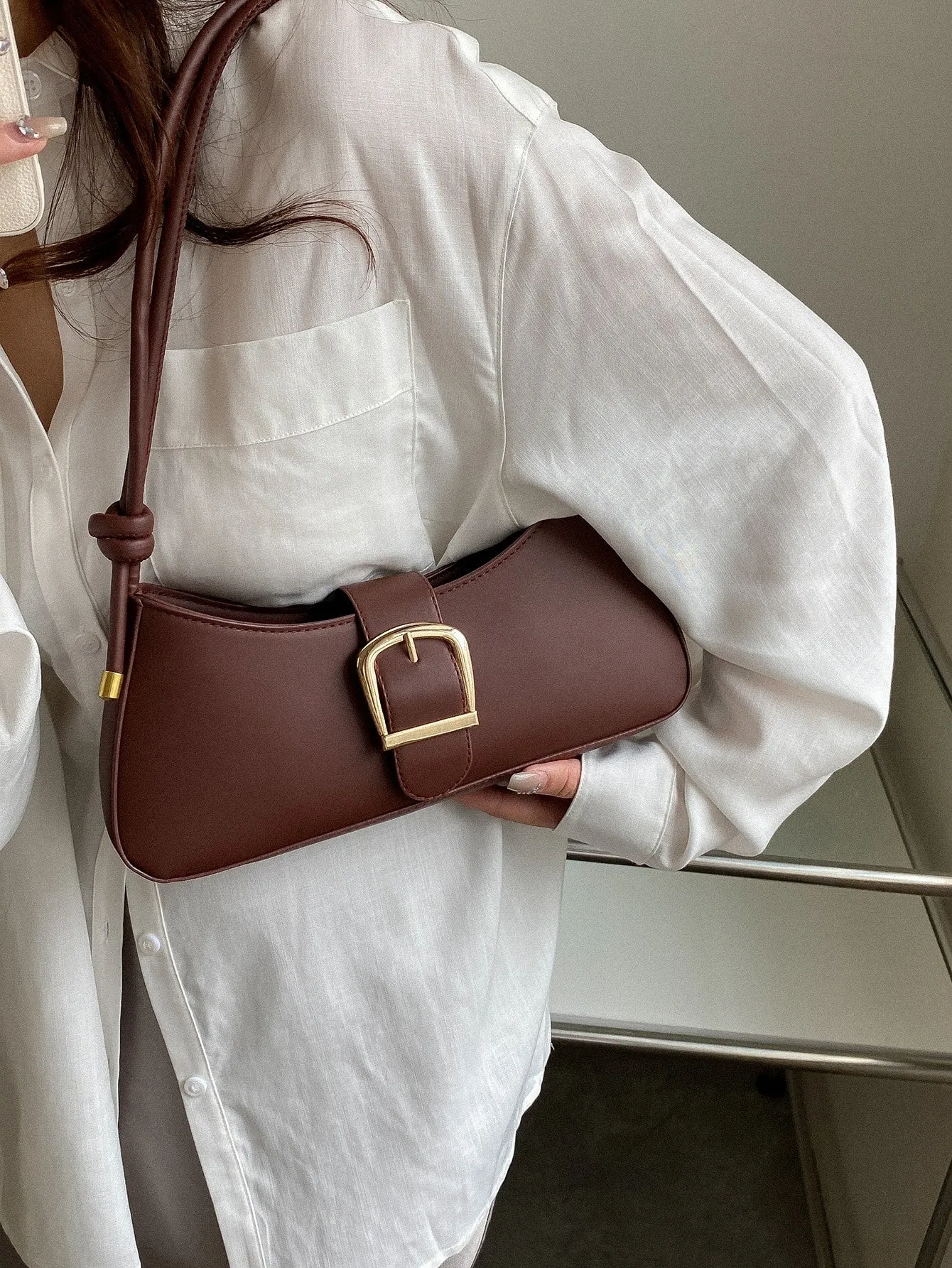 Minimalist Buckle Decor Baguette Bag - Brown