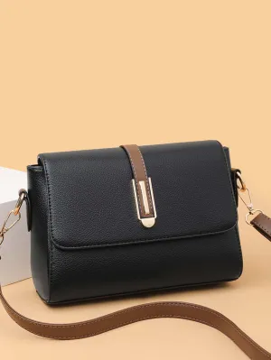 Minimalist Color Block Flap Crossbody Bag - Black