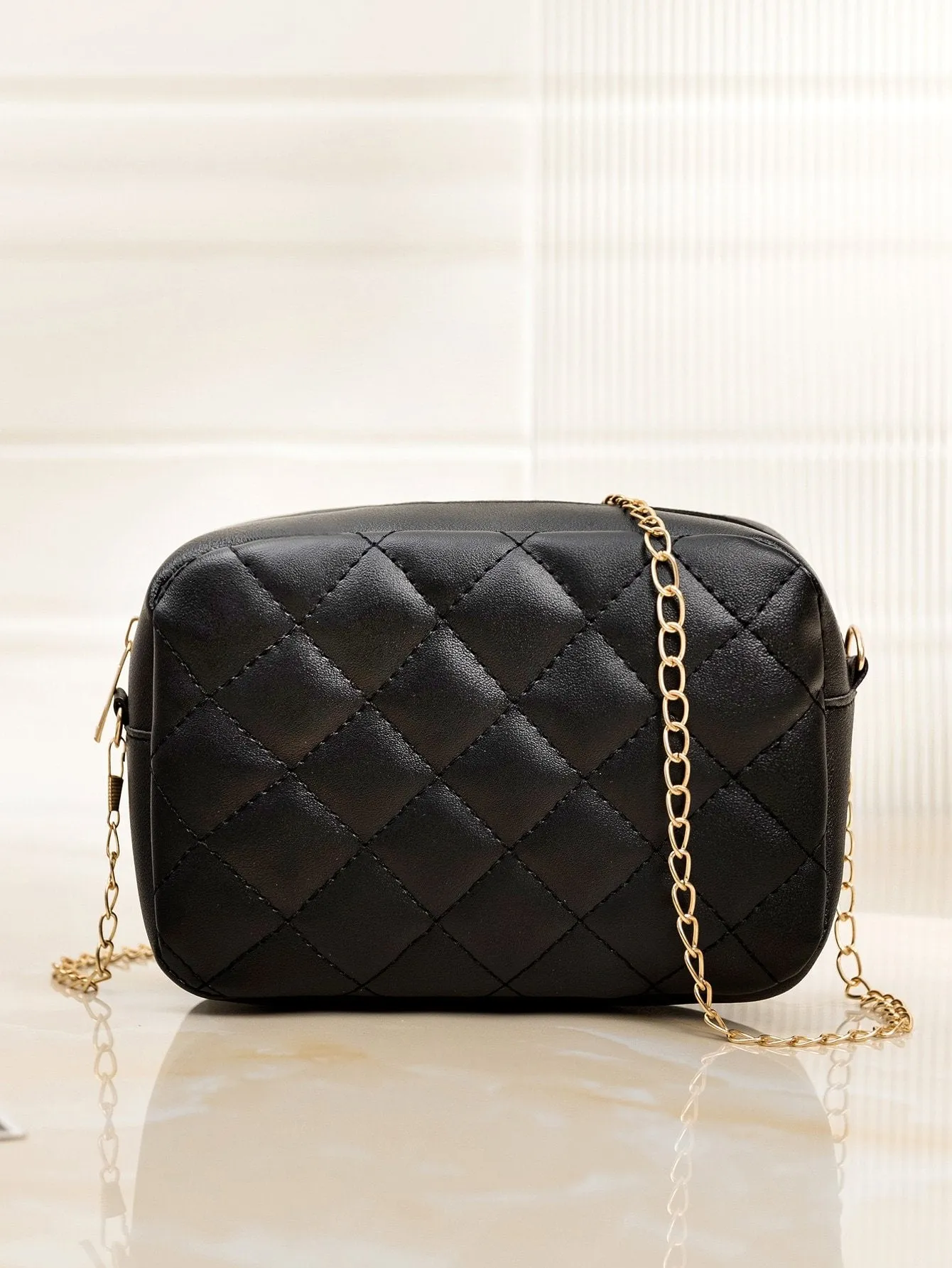 Minimalist Quilted Chain Crossbody Bag  - Black - FD ⚡