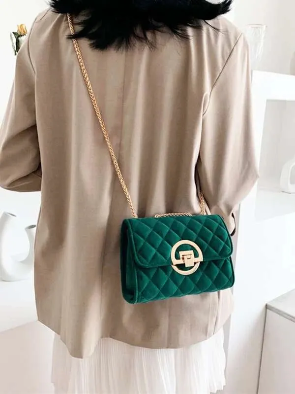 Minimalist Quilted Metal Lock Chain Shoulder Bag - Green