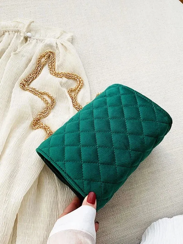 Minimalist Quilted Metal Lock Chain Shoulder Bag - Green