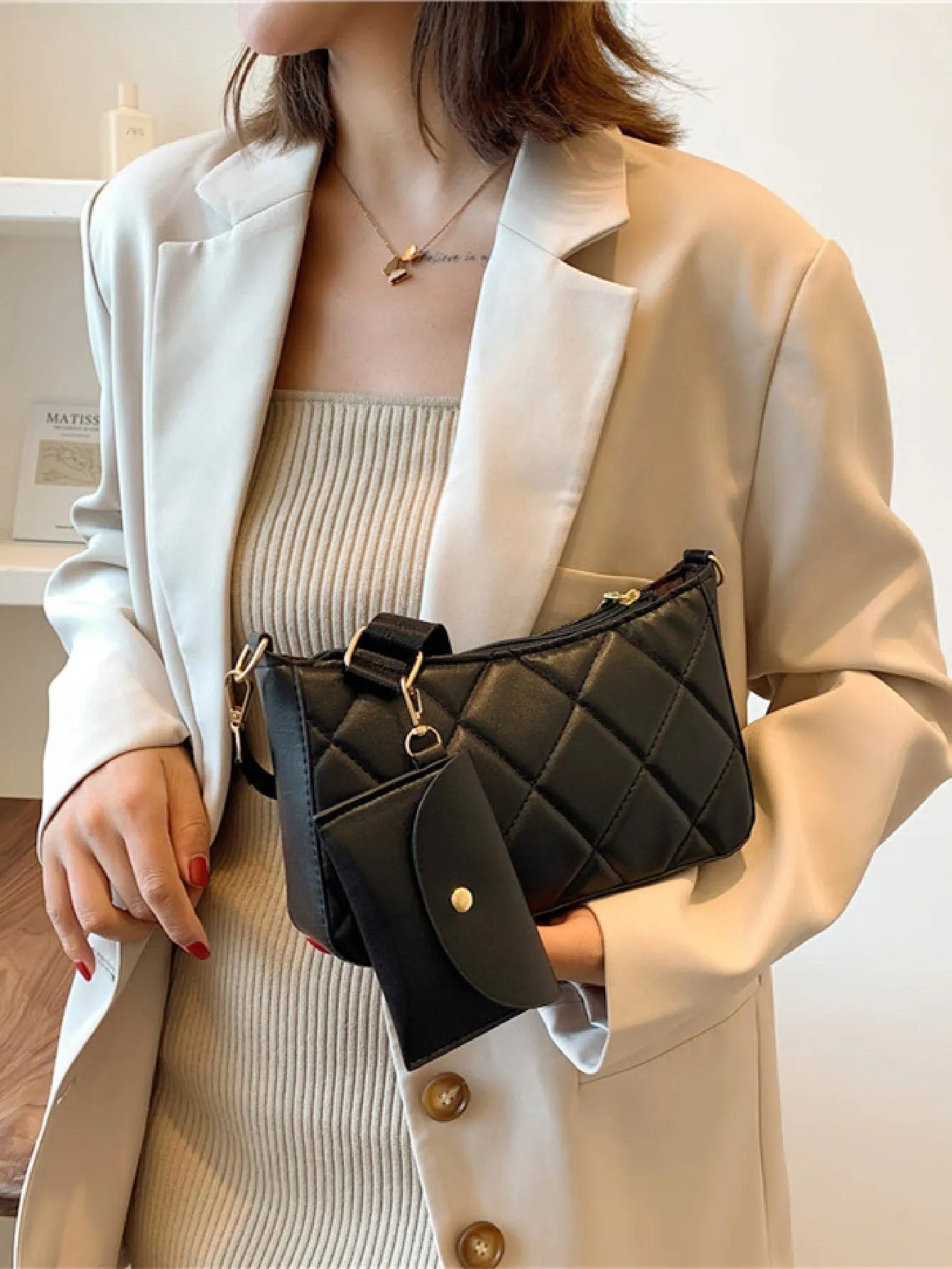 Minimalist Quilted Square Bag With Small Wallet - Black