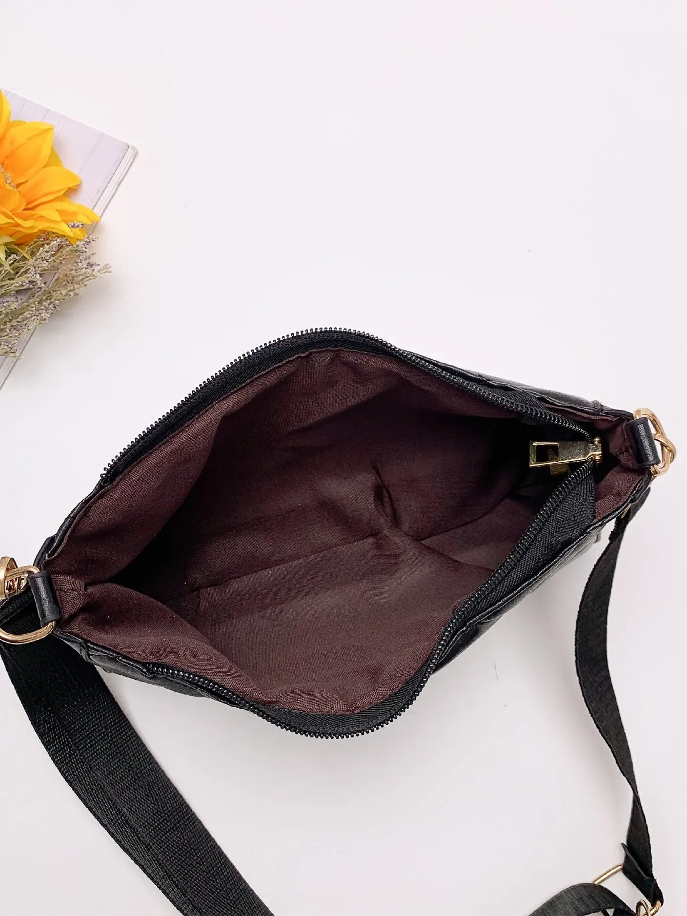Minimalist Quilted Square Bag With Small Wallet - Black