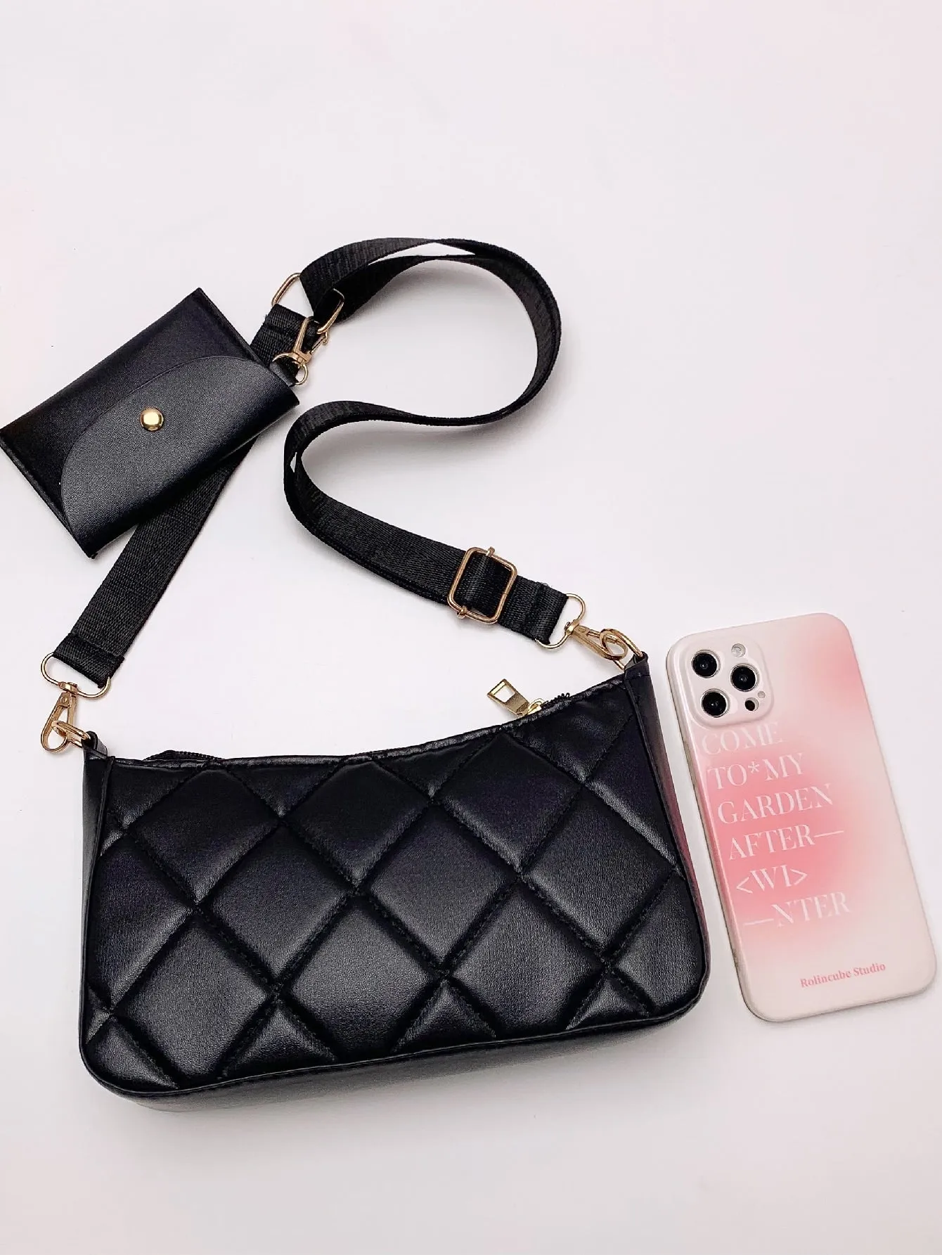Minimalist Quilted Square Bag With Small Wallet - Black