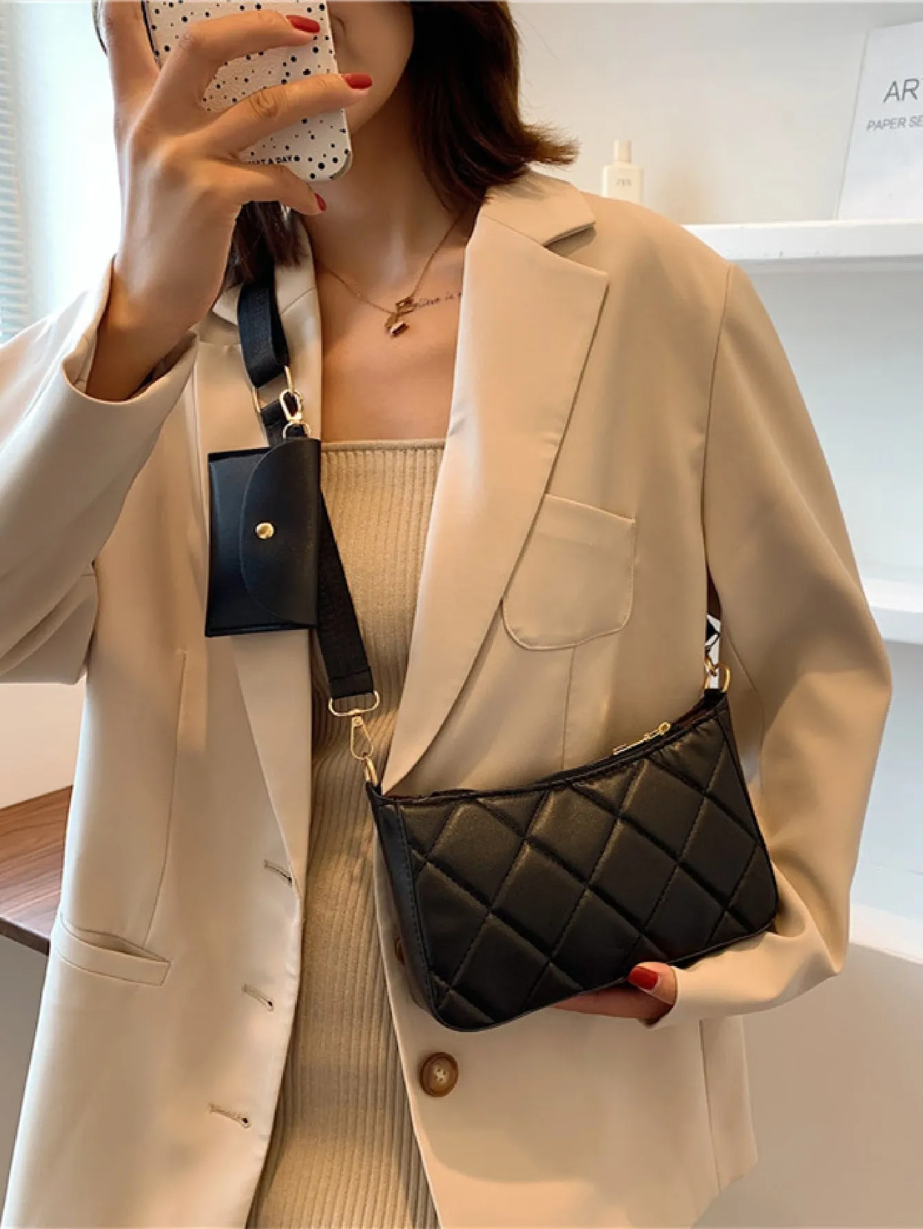 Minimalist Quilted Square Bag With Small Wallet - Black