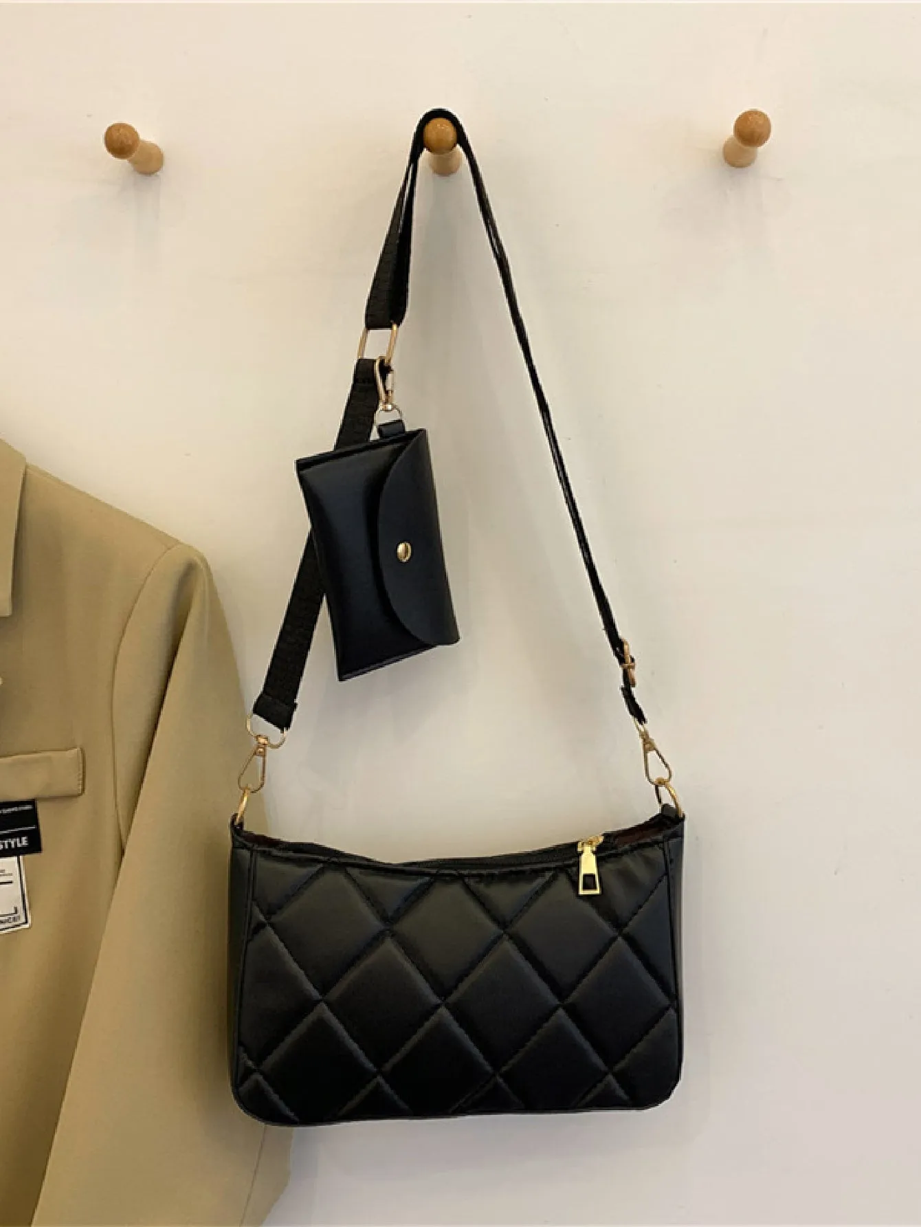 Minimalist Quilted Square Bag With Small Wallet - Black