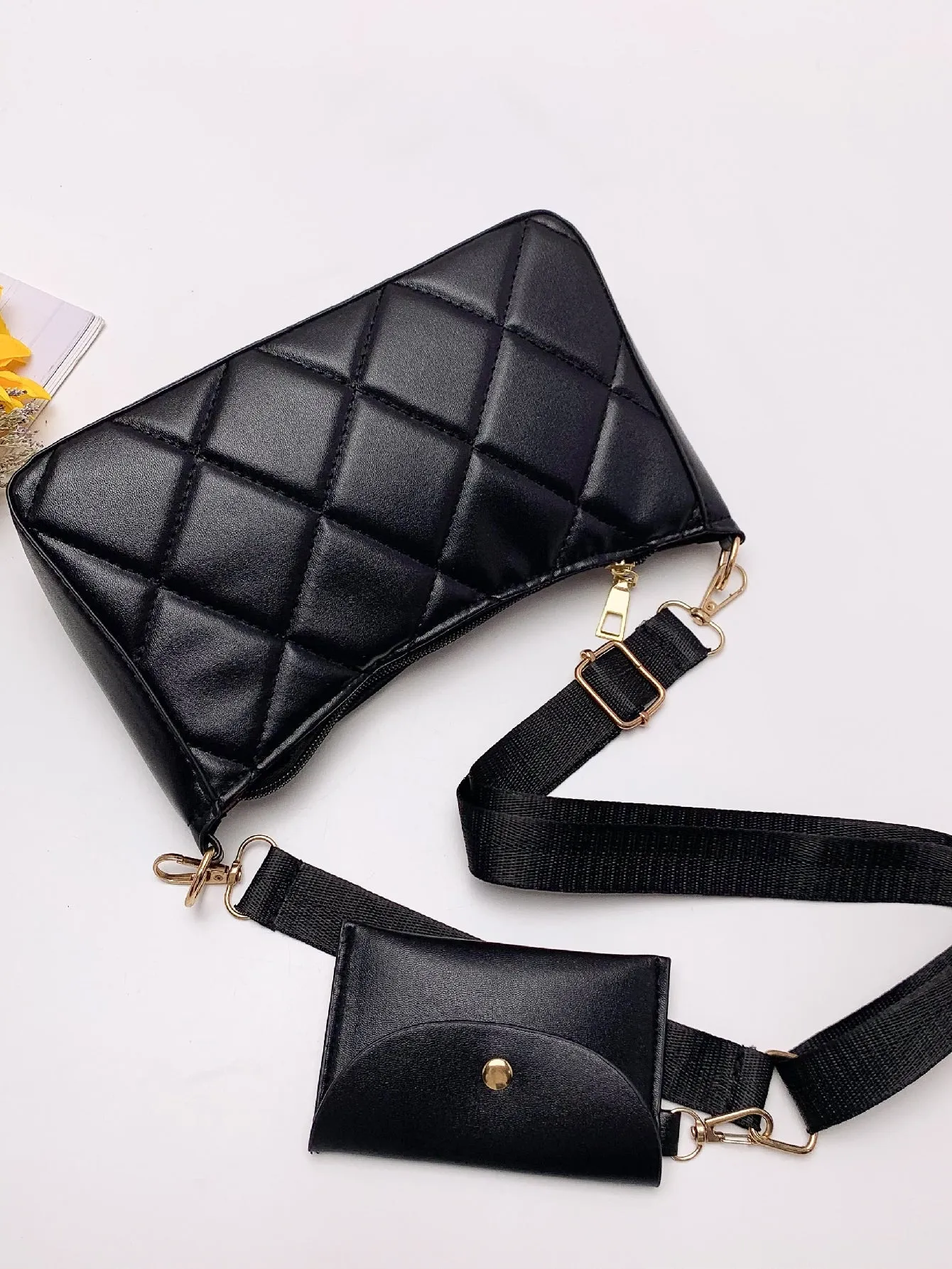Minimalist Quilted Square Bag With Small Wallet - Black