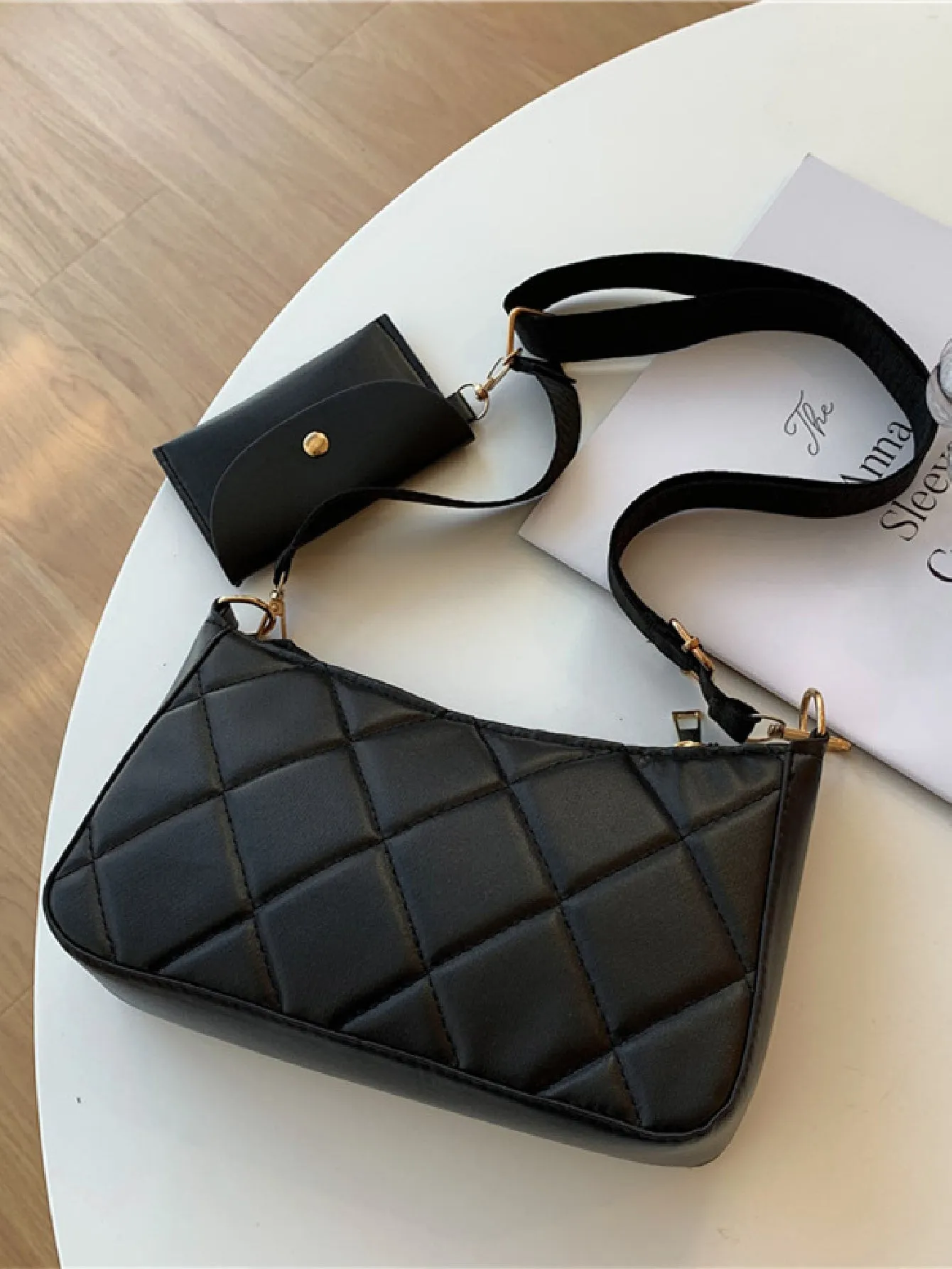 Minimalist Quilted Square Bag With Small Wallet - Black