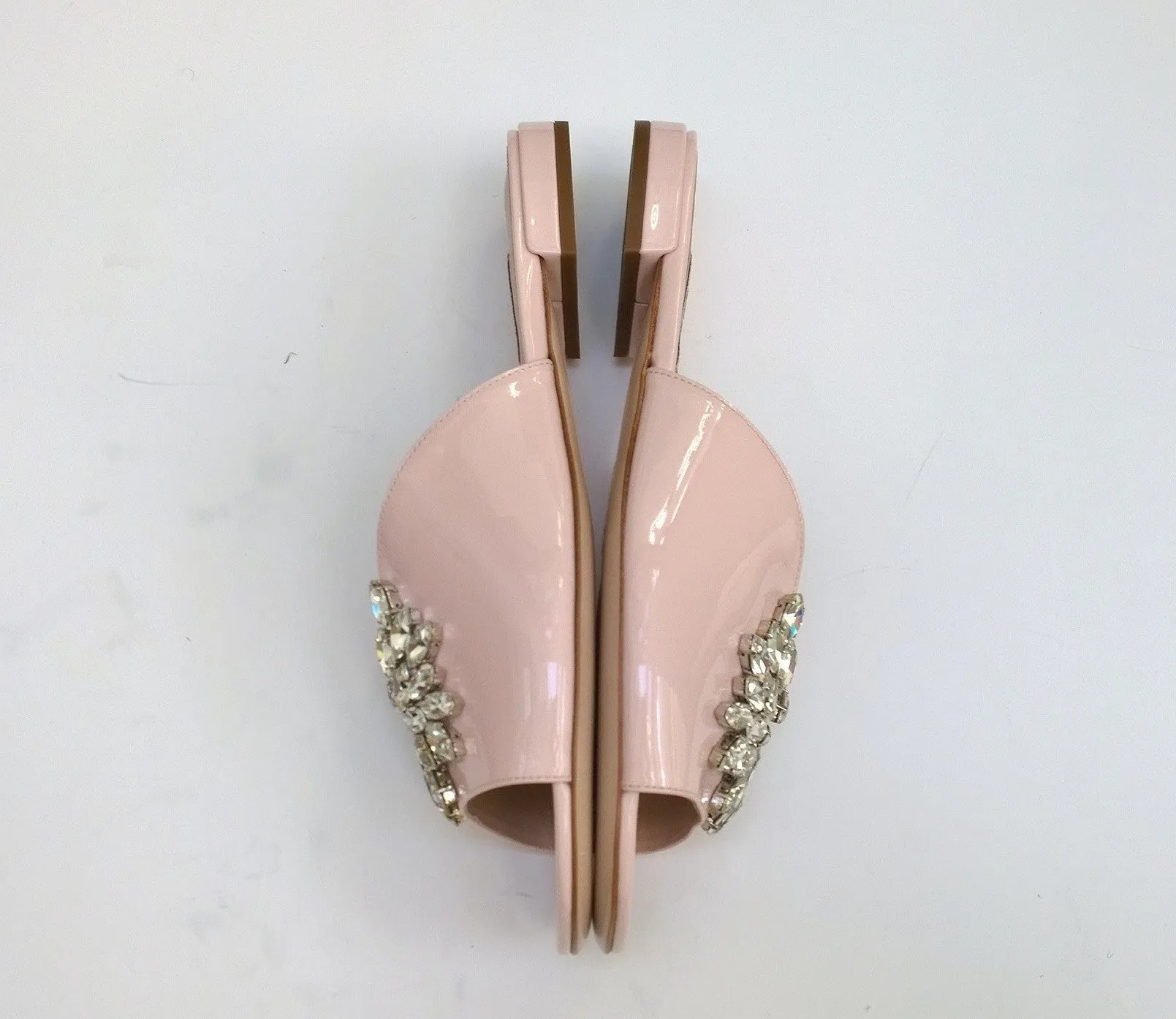Miu Miu Pink Patent Sandals Leaf Crystals Flat Slides