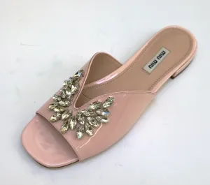 Miu Miu Pink Patent Sandals Leaf Crystals Flat Slides