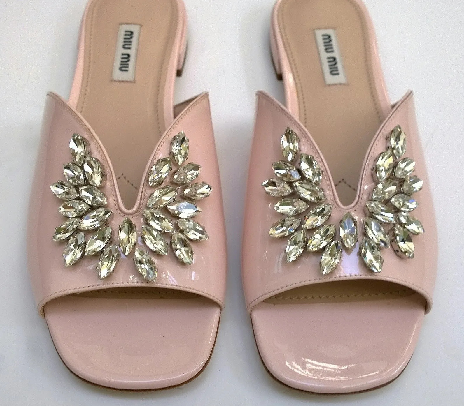 Miu Miu Pink Patent Sandals Leaf Crystals Flat Slides