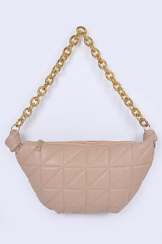 Mona Quilted Shoulder Bag - Chunky Chain, Gold Hardware, Black/Nude