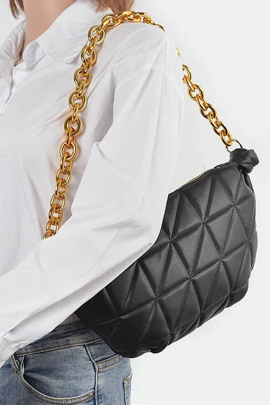 Mona Quilted Shoulder Bag - Chunky Chain, Gold Hardware, Black/Nude