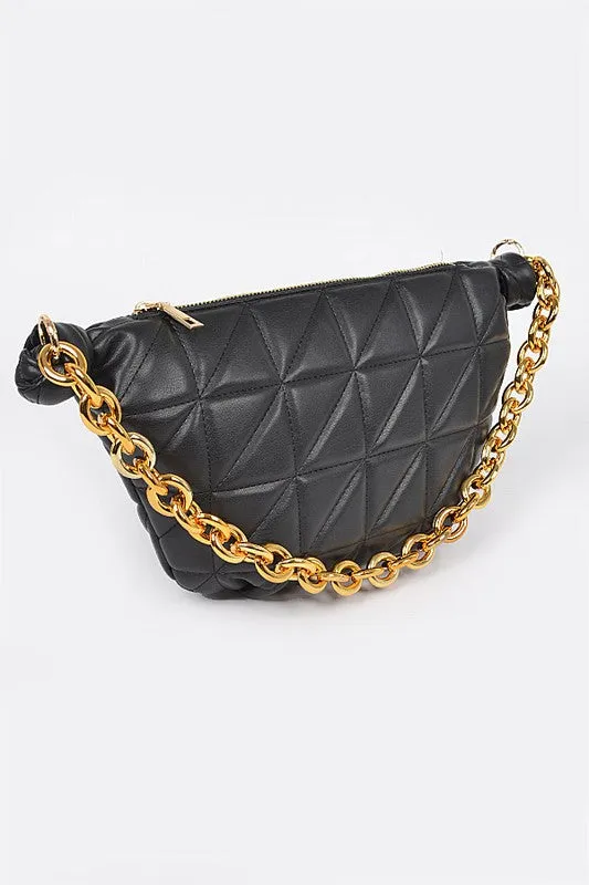 Mona Quilted Shoulder Bag - Chunky Chain, Gold Hardware, Black/Nude