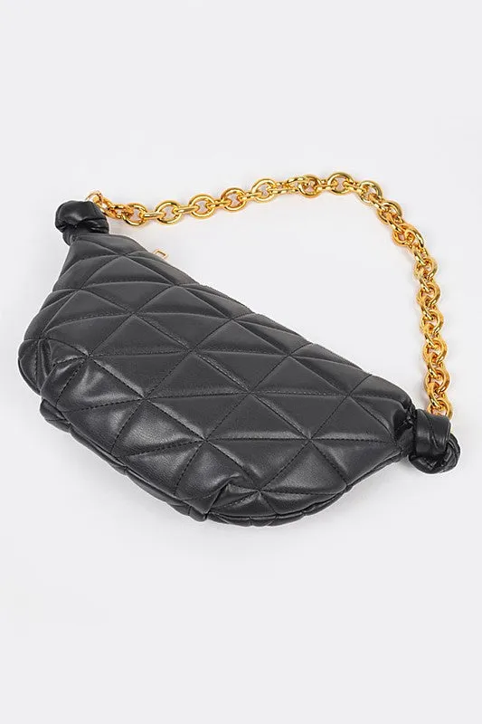 Mona Quilted Shoulder Bag - Chunky Chain, Gold Hardware, Black/Nude