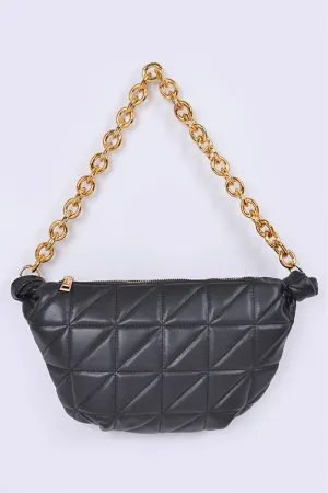 Mona Quilted Shoulder Bag - Chunky Chain, Gold Hardware, Black/Nude