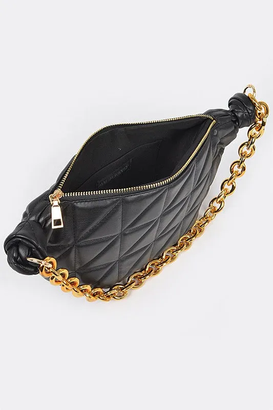 Mona Quilted Shoulder Bag - Chunky Chain, Gold Hardware, Black/Nude