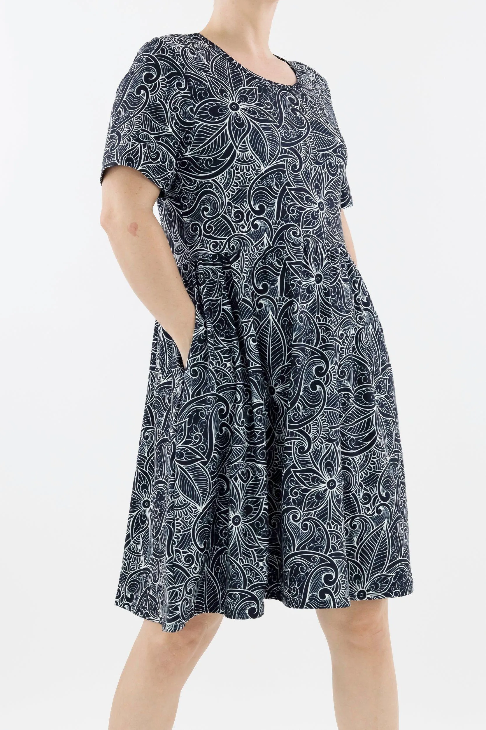 Monochrome Paisley - Short Sleeve Skater Dress - Knee Length - Side Pockets