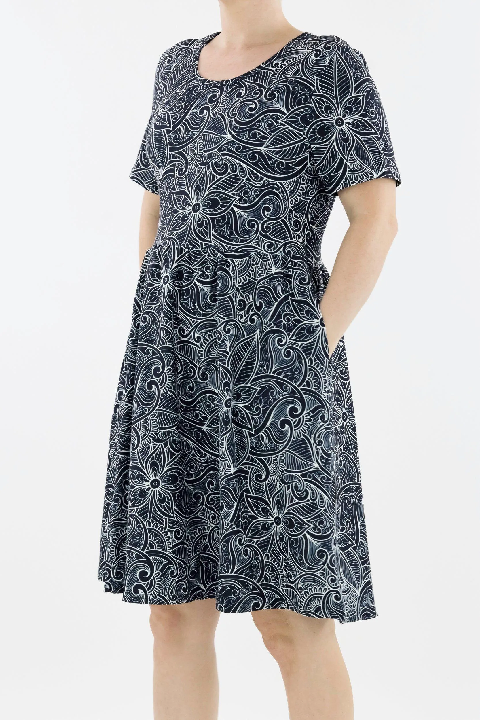 Monochrome Paisley - Short Sleeve Skater Dress - Knee Length - Side Pockets