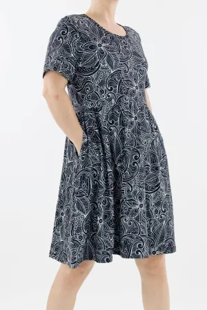 Monochrome Paisley - Short Sleeve Skater Dress - Knee Length - Side Pockets