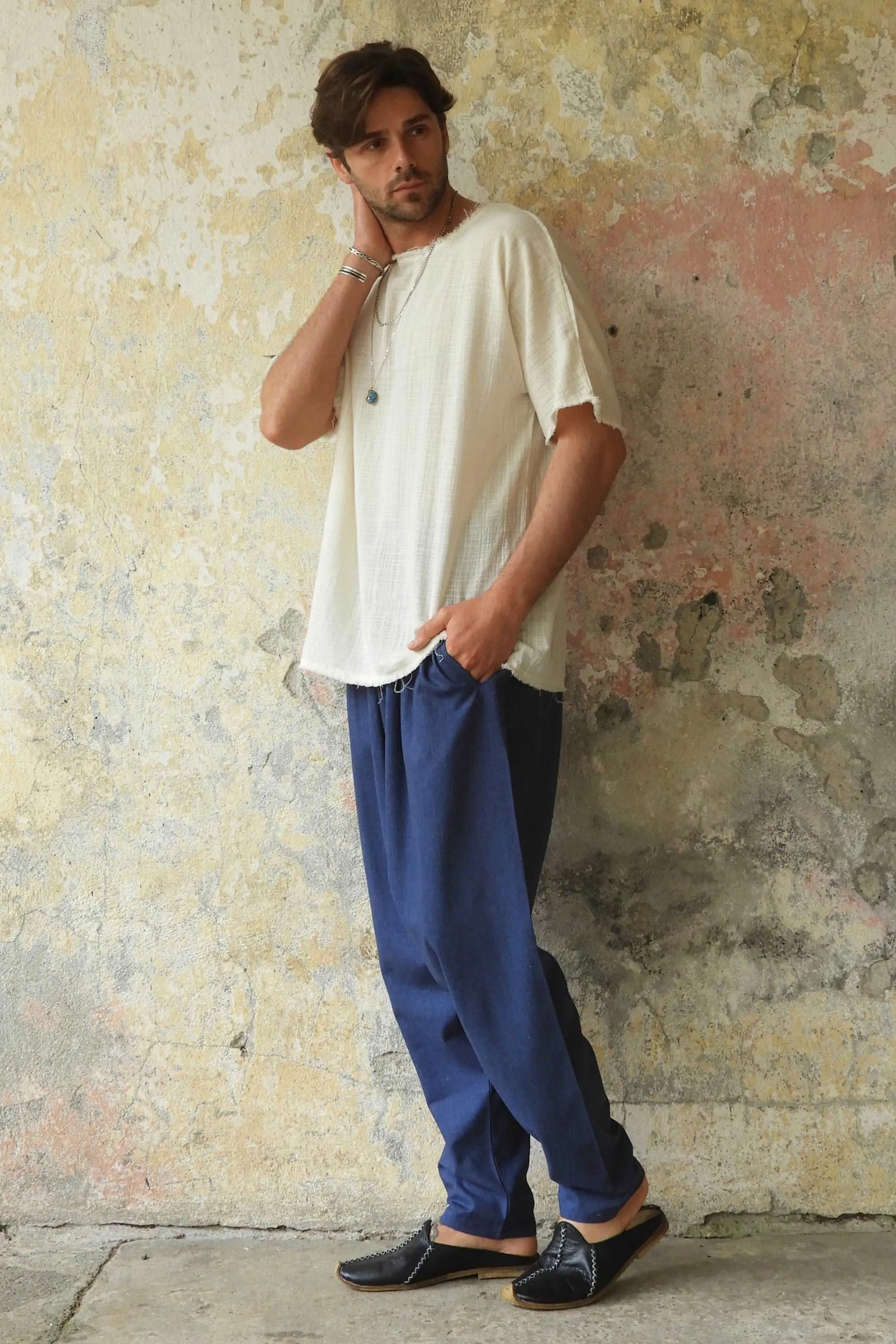 MOON Gender Neutral Linen Blend Harem Pants (Beige, Indigo Blue)