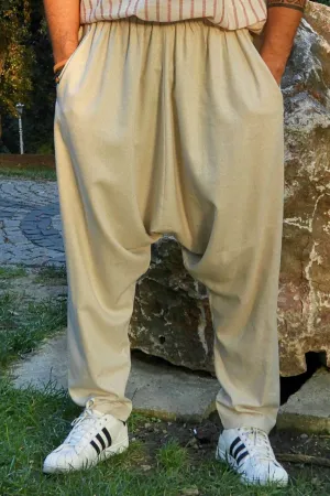 MOON Gender Neutral Linen Blend Harem Pants (Beige, Indigo Blue)