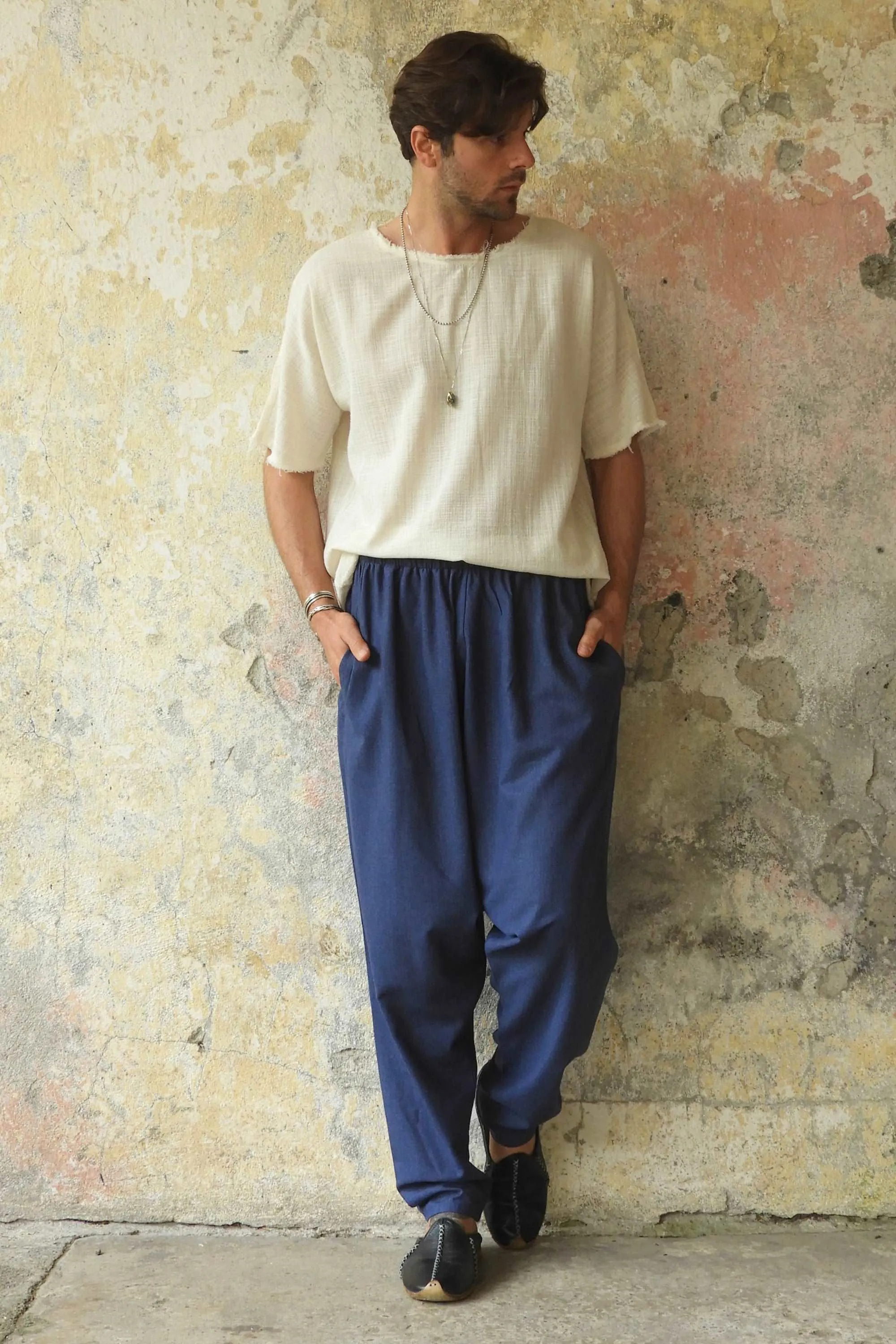 MOON Gender Neutral Linen Blend Harem Pants (Beige, Indigo Blue)