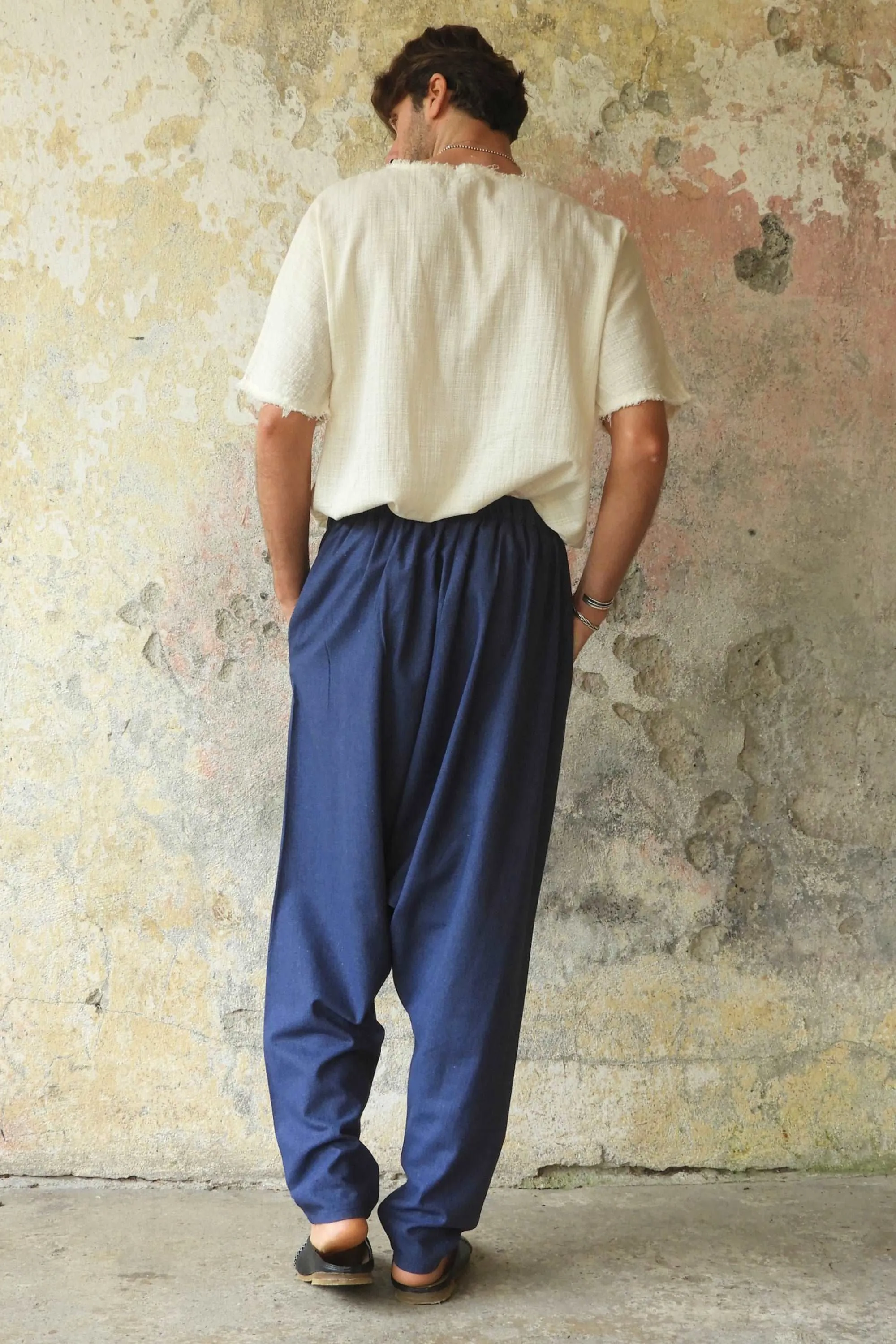 MOON Gender Neutral Linen Blend Harem Pants (Beige, Indigo Blue)