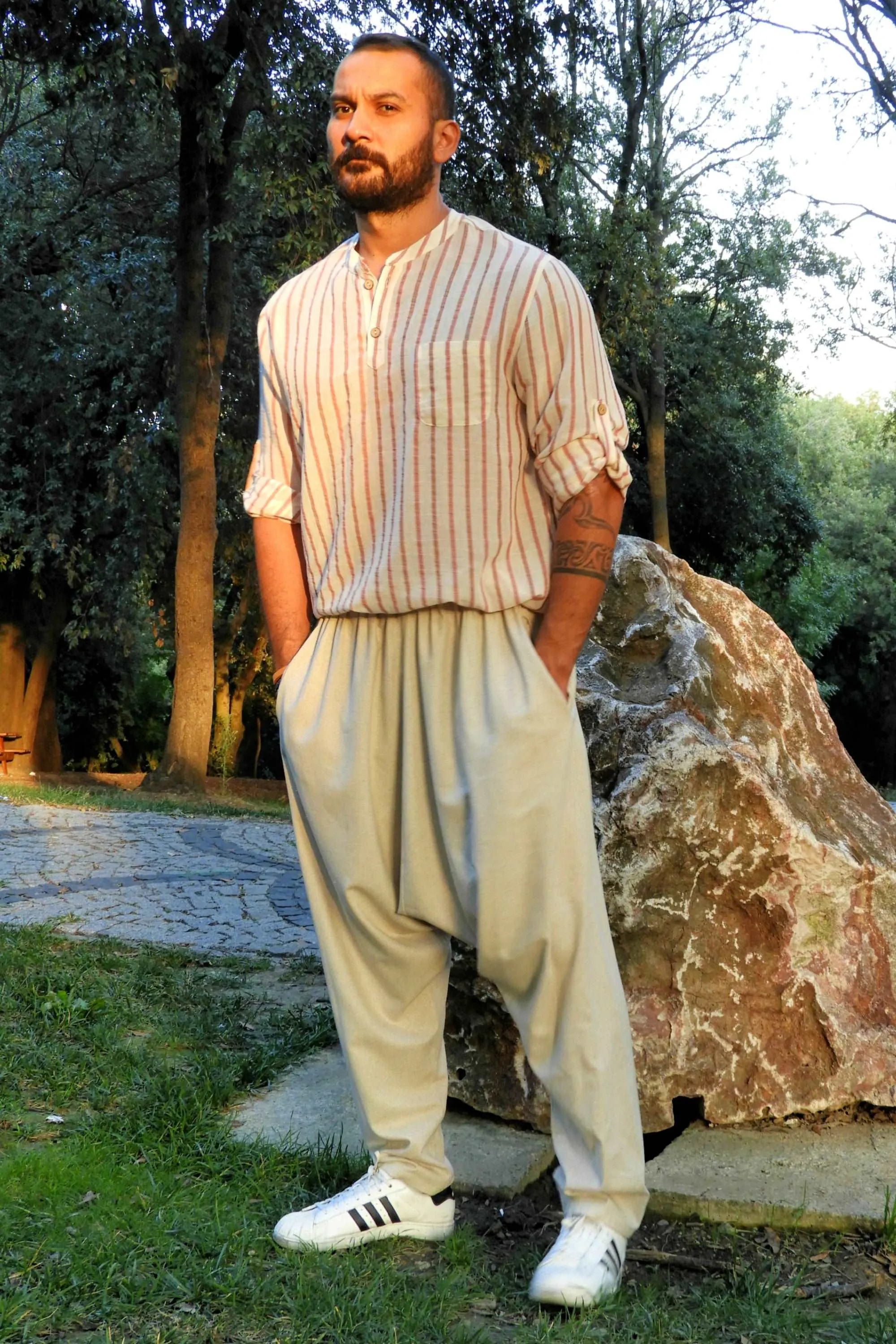 MOON Gender Neutral Linen Blend Harem Pants (Beige, Indigo Blue)