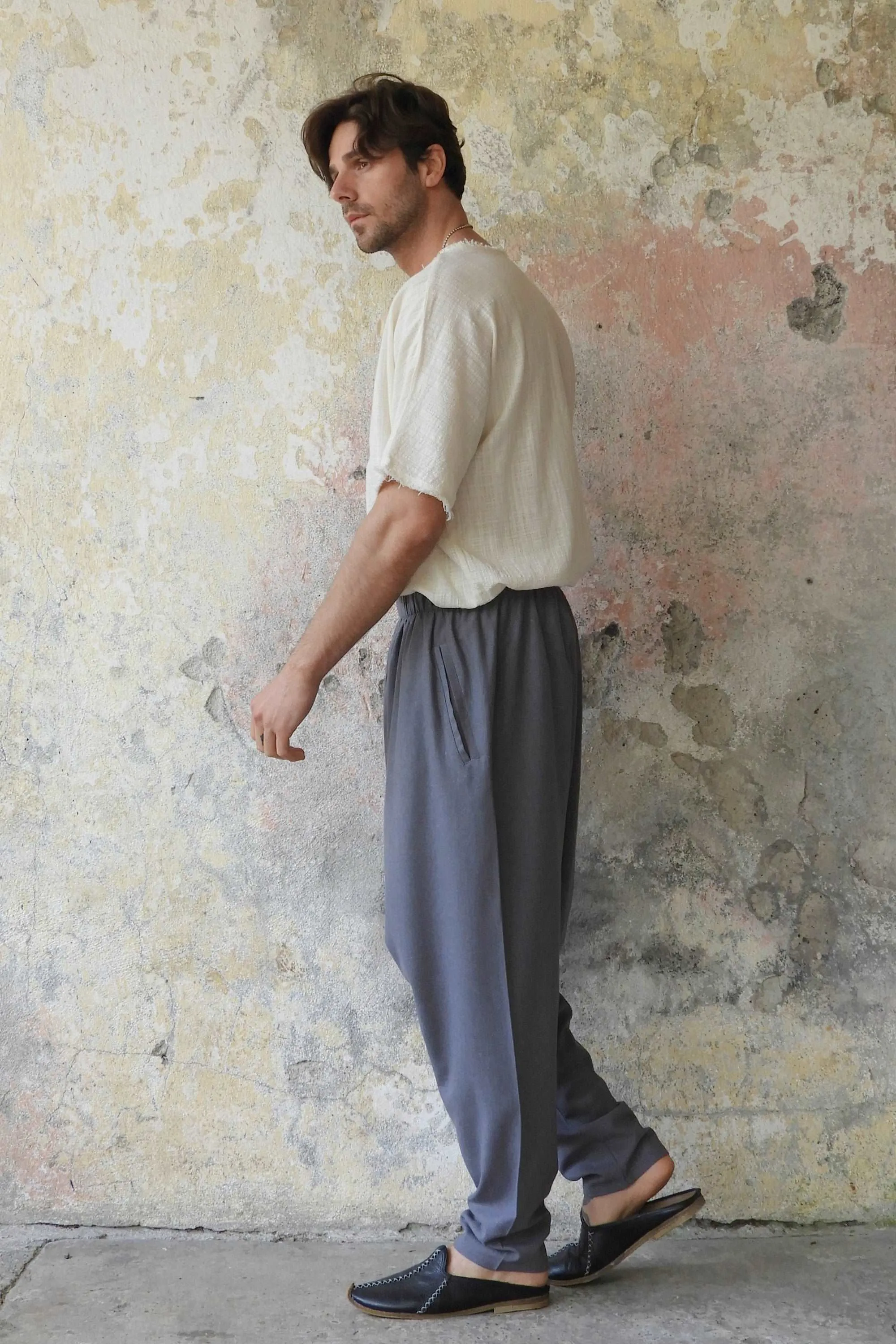 MOON Men's Linen Blend Harem Pants (Dark Gray, Brown)